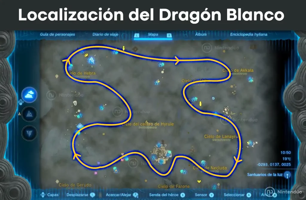 Mapa con la ruta y localización del Dragón Blanco para conseguir la Espada Maestra en Zelda Tears of the Kingdom