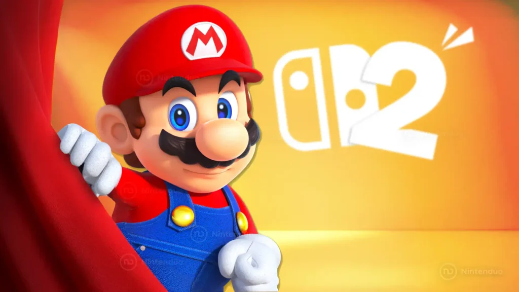 Mario tras cortina para presentar Nintendo Switch 2