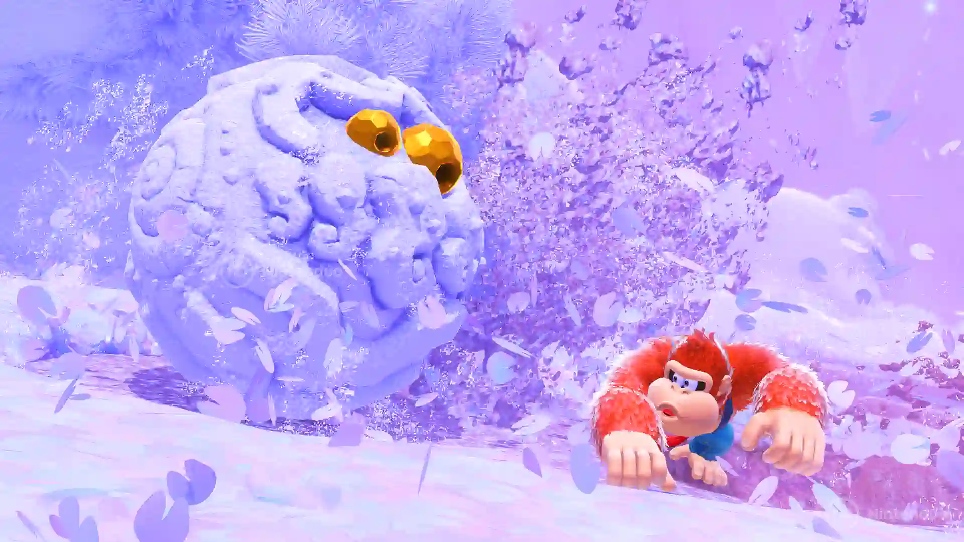 Donkey Kong perseguido por una bola de nieve en Donkey Kong Bananza