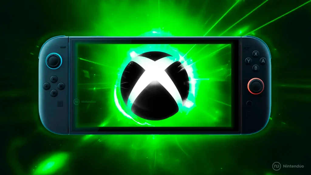 Montaje de la consola Nintendo Switch 2 con un gran logo de Xbox en la pantalla sobre un fondo verde resplandeciente