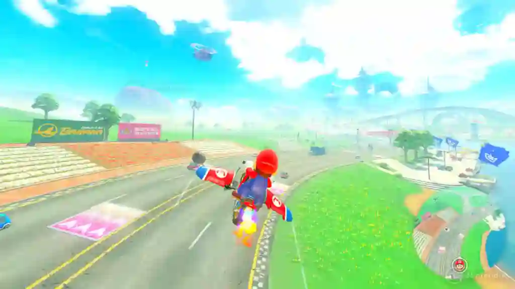 Mario volando en Mario Kart World