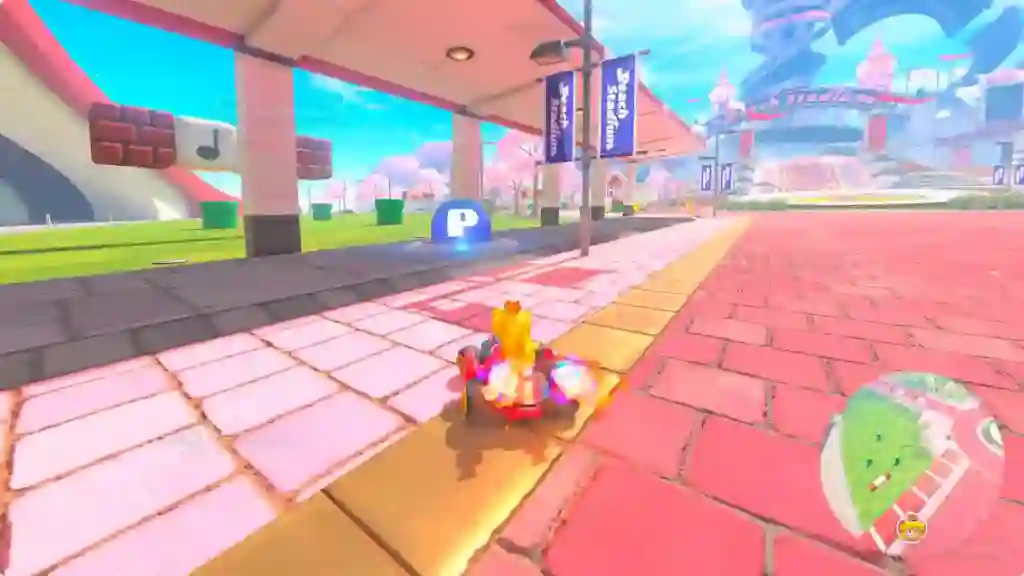 Peach pisando un P Switch en Mario Kart World