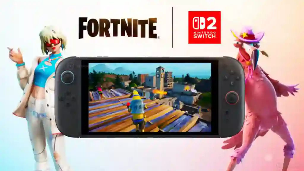 Montaje promocional de Fortnite para Nintendo Switch 2 mostrando la consola en modo portátil con una partida en pantalla y dos personajes a cada lado, junto al logotipo de Fortnite y el icono de Nintendo Switch 2.
