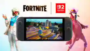 Montaje promocional de Fortnite para Nintendo Switch 2 mostrando la consola en modo portátil con una partida en pantalla y dos personajes a cada lado, junto al logotipo de Fortnite y el icono de Nintendo Switch 2.
