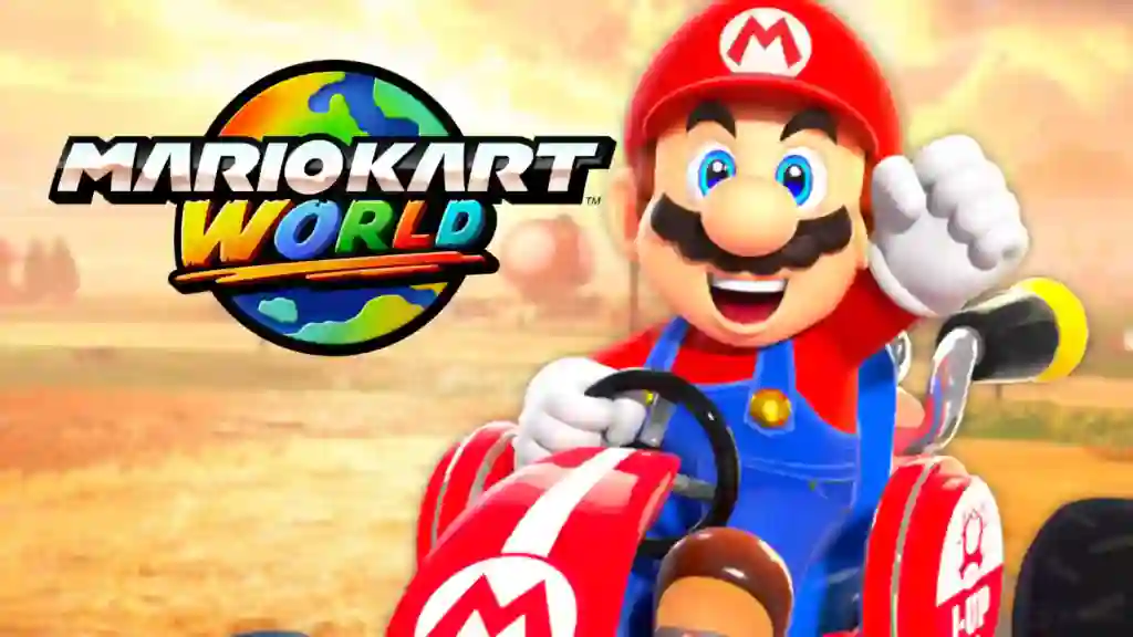Mario conduce su kart rojo saludando con el puño en alto junto al logotipo de Mario Kart World en un escenario desértico, ilustrando el modo LAN secreto para jugar con amigos.