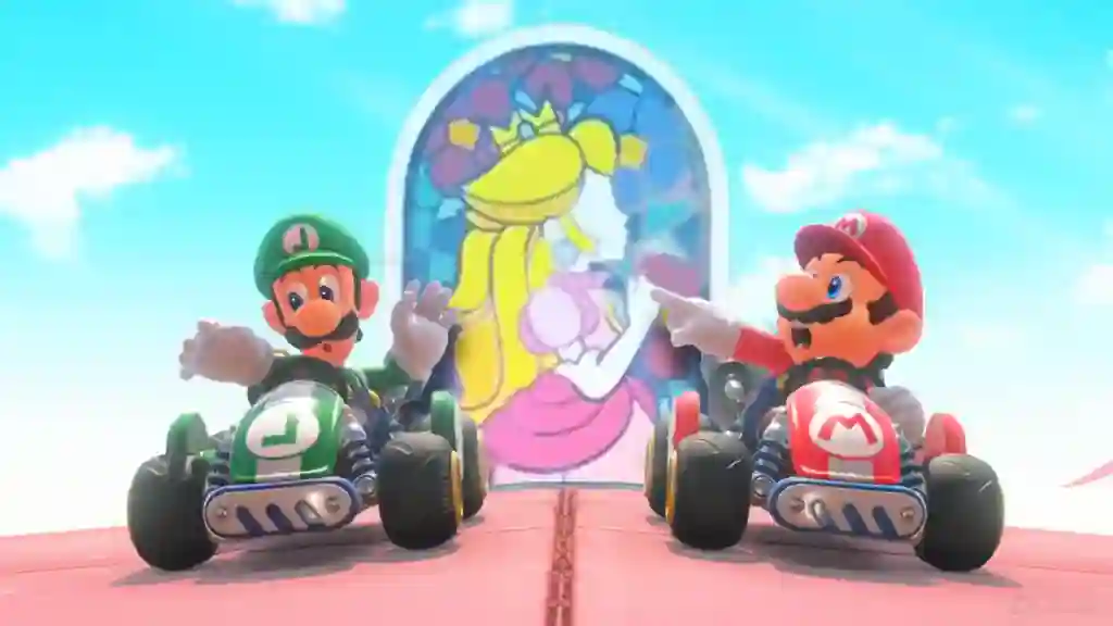 Mario y Luigi celebrando con sus karts frente a una vidriera de la princesa Peach en Mario Kart World, representando el modo espejo.