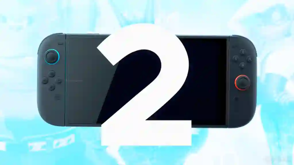 Consola Nintendo Switch 2 oscura con un gran número 2 blanco superpuesto sobre un fondo azul que insinúa personajes de Donkey Kong Bananza.