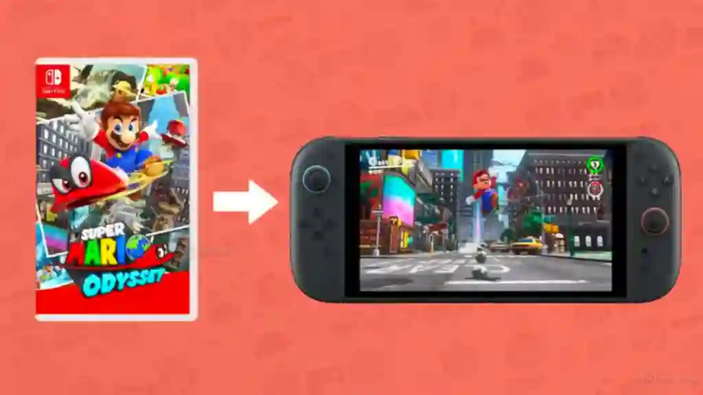 Portada de Super Mario Odyssey apuntando a una Nintendo Switch 2 reproduciendo el juego, ilustrando la retrocompatibilidad mejorada
