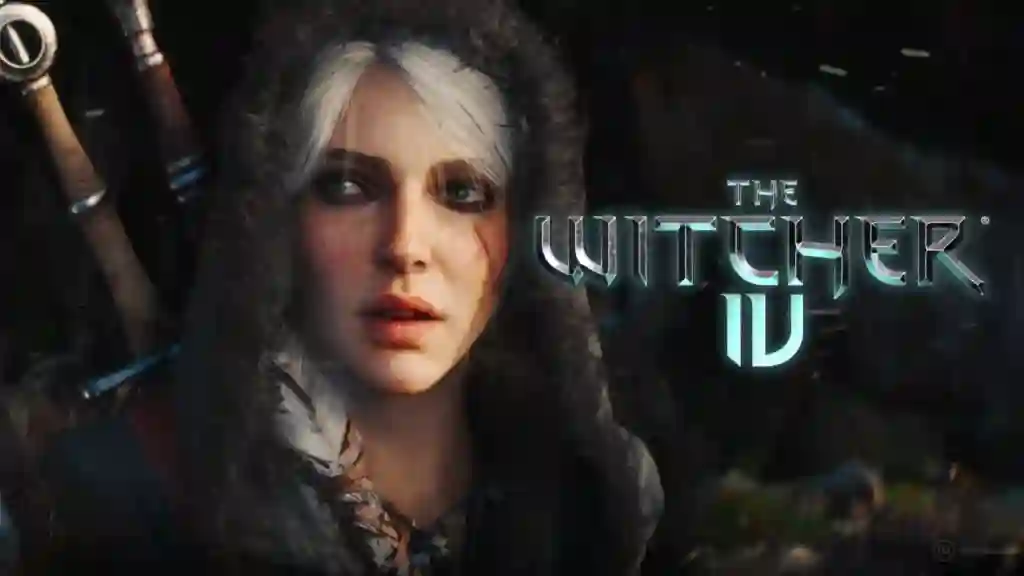 Ciri, la hechicera de pelo blanco, aparece en primer plano con capucha y dos espadas a la espalda junto al logotipo de The Witcher IV, anticipando el primer gameplay del juego.