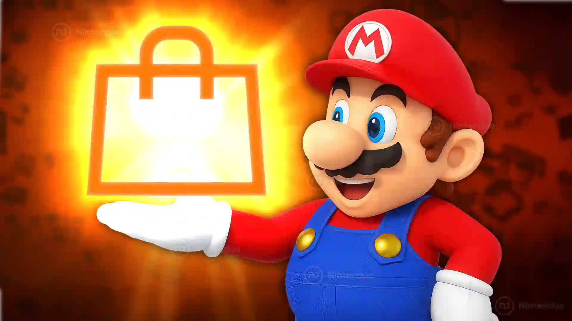Mario con su gorra roja y traje azul señalando un icono luminoso de bolsa de compras, anunciando ofertas en Nintendo eShop.