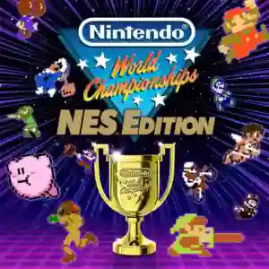Nintendo World Championships: NES Edition: trofeo dorado rodeado de personajes retro pixelados de Nintendo como Mario, Link, Samus y Kirby sobre un fondo de luces y el logo del juego