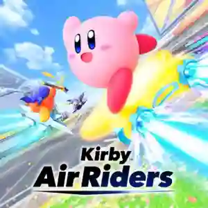 Kirby sonriente surcando una pista sobre su estrella Warp con otros personajes volando detrás y el logotipo de Kirby Air Riders en la parte inferior.