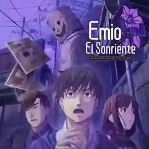 Emio – El Sonriente: Famicom Detective Club: portada con un joven detective y una chica mirando asustados mientras una figura con máscara sonriente observa desde arriba y fotos flotan en el aire