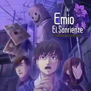 Emio – El Sonriente: Famicom Detective Club: portada con un joven detective y una chica mirando asustados mientras una figura con máscara sonriente observa desde arriba y fotos flotan en el aire