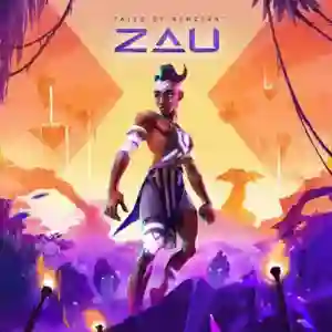 Tales of Kenzera: ZAU: el protagonista Zau de pie con atuendo tribal y cuernos frente a un paisaje fantástico con tonos naranja y morado y el logo del juego