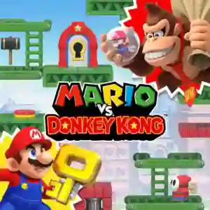 Mario vs. Donkey Kong: Donkey Kong sostiene a un Mini Mario en un frasco mientras Mario lleva una llave dorada en un escenario de plataformas con el logo del juego