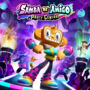 Samba de Amigo: Party Central: el mono protagonista baila con maracas en un escenario colorido y festivo