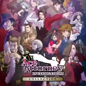 Ace Attorney Investigations Collection: collage de personajes de la saga Ace Attorney con Miles Edgeworth al centro, detectives y fiscales a su alrededor y el logo de la colección