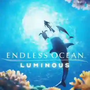 Endless Ocean Luminous: imagen submarina con un tiburón y delfines nadando hacia la superficie rodeados de corales, con el logo del juego