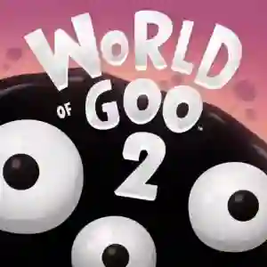 World of Goo 2: portada con un grupo de bolas negras con grandes ojos mirando hacia arriba y el título del juego en letras grandes