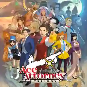 Apollo Justice: Ace Attorney Trilogy: ilustración con Apollo Justice, Phoenix Wright y otros personajes de la saga posando con el logo del juego en primer plano