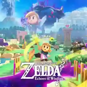 The Legend of Zelda: Echoes of Wisdom: Zelda sostiene una varita dorada mientras camina por un paisaje colorido; en el cielo se ve un Link espectral y un monstruo gigante; el logo del juego aparece al pie
