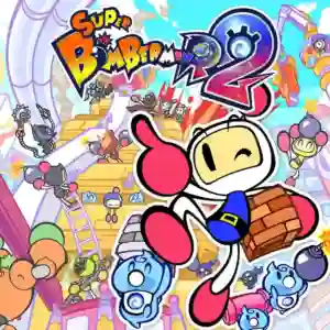 Super Bomberman R 2: un Bomberman blanco con guantes rosas corre con una bomba en un escenario colorido lleno de enemigos y plataformas