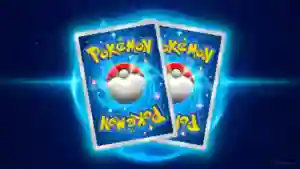 Dos cartas del Juego de Cartas Coleccionables Pokémon giran en un vórtice azul brillante en una imagen promocional de TCG Pocket.