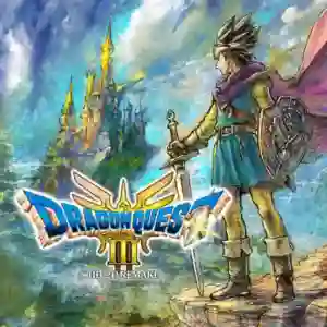 Dragon Quest III HD‑2D Remake: el héroe se alza con espada y escudo mirando hacia un castillo en la distancia, con el logotipo del juego