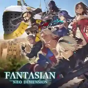 Fantasian: Neo Dimension: collage de personajes heroicos con armas y vestimentas de fantasía frente a un gran barco mecánico y el logotipo del juego