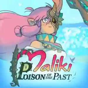 Maliki: Poison of the Past: imagen de una chica pelirrosa con orejas de elfa y máscara dorada mirando hacia arriba, junto al logo del juego