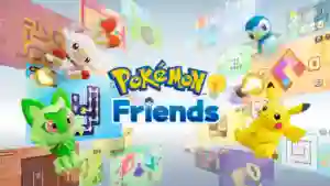 Arte principal de Pokémon Friends con Pikachu, Sprigatito, Scorbunny y Piplup saltando alrededor de bloques y casas coloridas, con el logotipo del juego al centro.