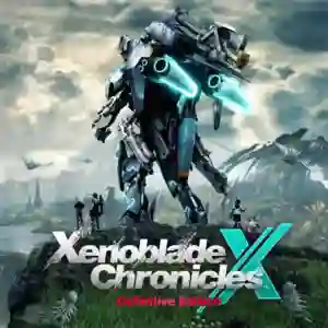 Xenoblade Chronicles X: Definitive Edition: gigantesco mecha con luces azules se erige en un paisaje alienígena mientras pequeños personajes lo observan, con el logotipo del juego