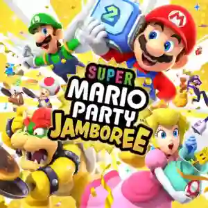 Super Mario Party Jamboree: Mario y Luigi lanzan un dado gigante mientras Bowser, Peach y otros personajes celebran; el logo del juego se encuentra en el centro