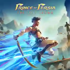 Prince of Persia: The Lost Crown: el protagonista salta con dos espadas curvas mientras energía azul lo rodea, con ruinas y montañas al fondo