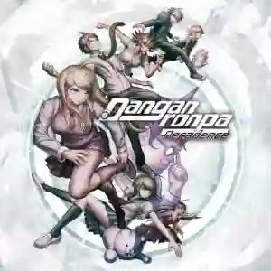 Danganronpa Decadence: carátula con varios personajes en estilo anime, incluida la protagonista Kaede Akamatsu con uniforme escolar y el oso Monokuma, sobre un fondo blanco con remolino y el logo del juego.
