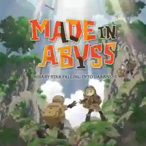 Made in Abyss: Binary Star Falling into Darkness: portada con logo naranja sobre fondo de acantilado, mostrando a los protagonistas Riko y Reg con mochilas y cascos escalando entre la vegetación y un rayo de luz que entra desde arriba.