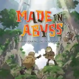 Made in Abyss: Binary Star Falling into Darkness: portada con logo naranja sobre fondo de acantilado, mostrando a los protagonistas Riko y Reg con mochilas y cascos escalando entre la vegetación y un rayo de luz que entra desde arriba.