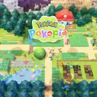 Pokemon Pokopia: vista aerea de un pueblo verde con jardines, huerto y estanque, un centro Pokemon rojo y varios Pokemon pequeños caminando, con el logotipo colorido de Pokopia en el centro