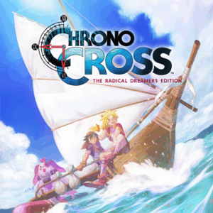 Arte de Chrono Cross: The Radical Dreamers Edition con Serge y Kid navegando en un pequeño bote de vela sobre el océano, acompañados de un peluche rosado bajo el logo del juego.