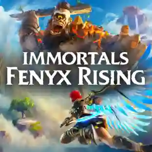 Arte de Immortals Fenyx Rising con Fenyx volando con alas azules y espada enfrentando a un cíclope gigante sobre un paisaje mitológico