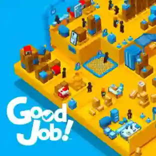 Arte del juego Good Job! con personajes minimalistas moviendo cajas en un laberinto de oficinas amarillas lleno de tuberías, junto al logotipo blanco.