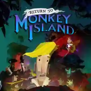Return to Monkey Island: ilustración de portada con el héroe Guybrush Threepwood de cabello rubio en primer plano, rodeado de piratas y criaturas marinas en un entorno oscuro y el logotipo azul 'Return to Monkey Island' en la parte superior.