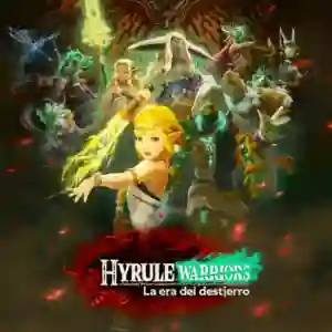 Hyrule Warriors: La era del destierro: arte promocional con la princesa Zelda empunando una espada luminosa en primer plano mientras los campeones de Hyrule aparecen detras, con el logo del juego en la parte inferior