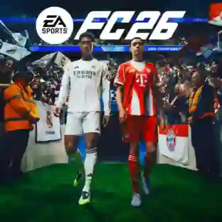 EA Sports FC 26: portada del juego con dos futbolistas, uno con uniforme blanco del Real Madrid y otro con uniforme rojo del Bayern de Múnich, caminando hacia el campo con el gran logotipo 'FC26' y aficionados al fondo.