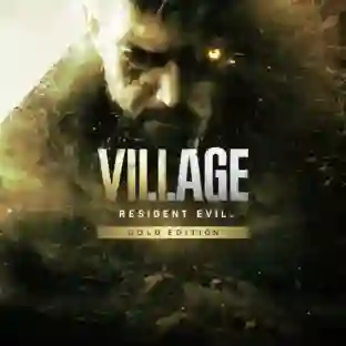 Resident Evil Village: portada del juego que muestra el rostro de un hombre con mirada feroz en tonos dorados y negros, con el título grande en el centro.