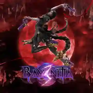 Bayonetta 3: ilustración de portada con la protagonista Bayonetta realizando una pose de combate con pistolas y su cabello en forma de látigo frente a una luna roja, con el logotipo del juego en la parte inferior.