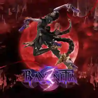 Bayonetta 3: ilustración de portada con la protagonista Bayonetta realizando una pose de combate con pistolas y su cabello en forma de látigo frente a una luna roja, con el logotipo del juego en la parte inferior.