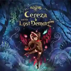 Bayonetta Origins: Cereza and the Lost Demon: ilustración con estilo de cuento de hadas donde la joven bruja Cereza abraza y gira con su demonio Cheshire en un bosque encantado, con ojos rojos y ramas oscuras, y el logo dorado del juego encima.