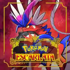 Pokémon Escarlata: carátula del juego con el legendario Koraidon, un dragón rojizo y azul con plumas en la cabeza y pecho, enmarcado con un borde dorado ornamental y el título 'Pokémon Escarlata' en amarillo.